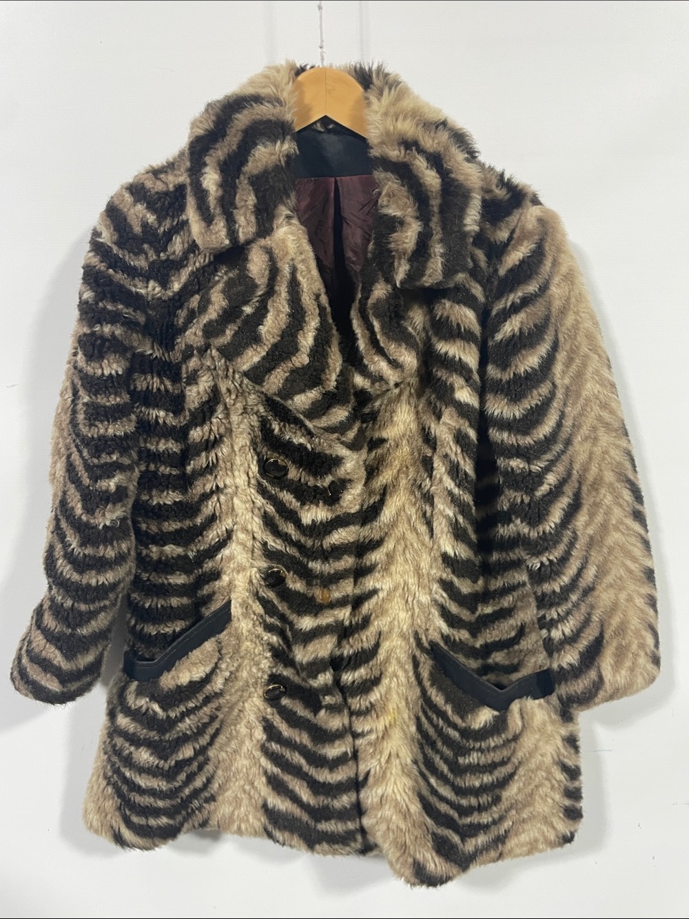 Vintage 1980s Faux Fur Zebra-Stripe Coat in Beige & Black “pimp coat”